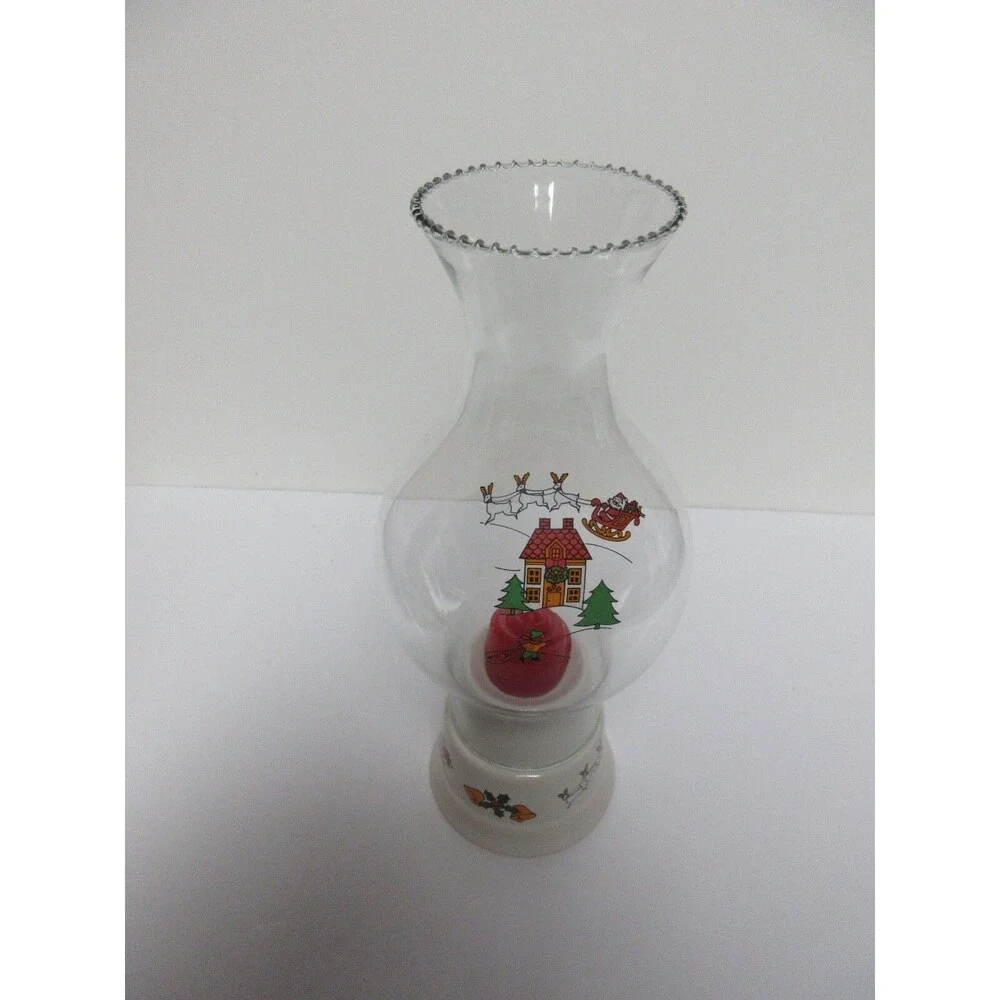 Brazil Glass Beaded Rim Hurricane Lamp & Ceramic Candle Holder Santa Sleigh XMAS